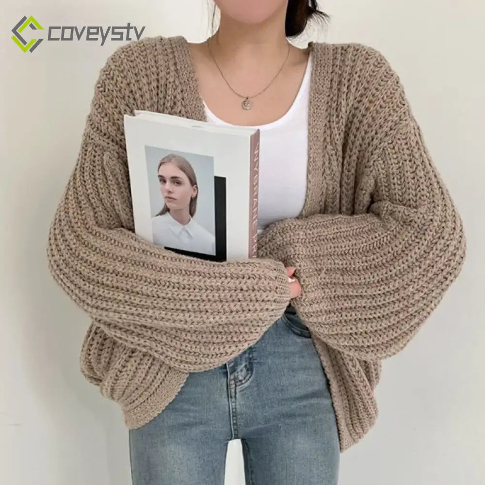 V-Neck Oversized Casual Solid Long Sleeve Lazy Elegant Holiday Y2K Streetwear Cardigan - Khaki / One Size