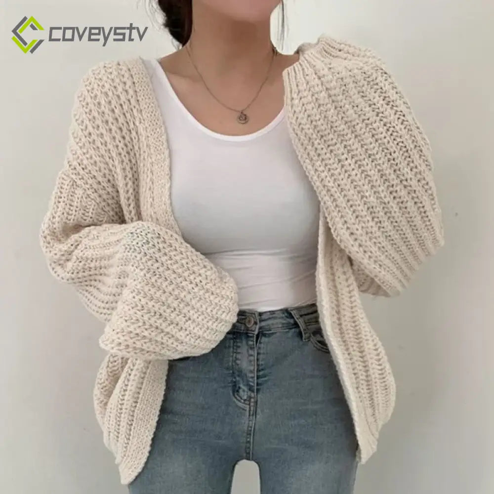 V-Neck Oversized Casual Solid Long Sleeve Lazy Elegant Holiday Y2K Streetwear Cardigan - WHITE / One Size