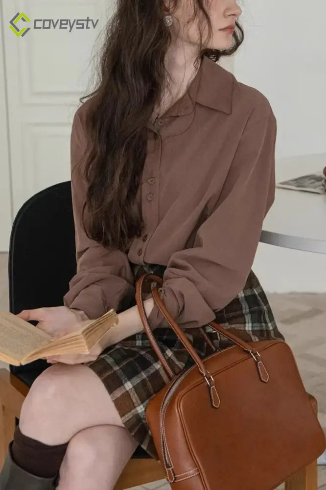Velvet Satin Back Embroidered Chic Workwear Blouse - Brown / S