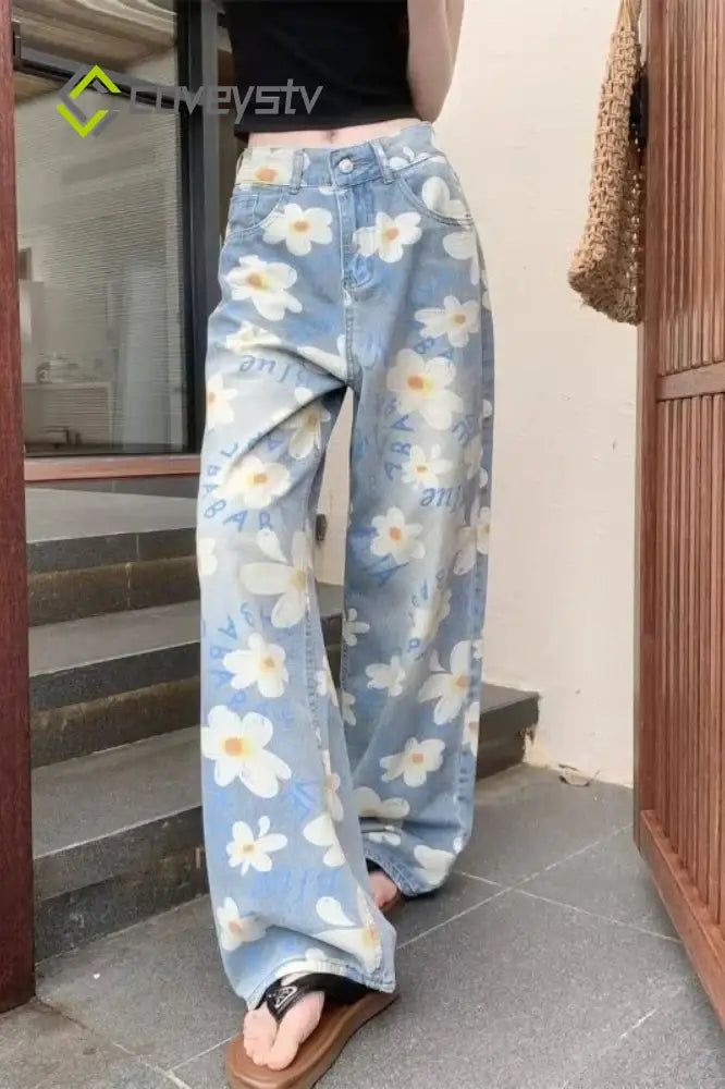 Washed Floral Print Baggy Jeans